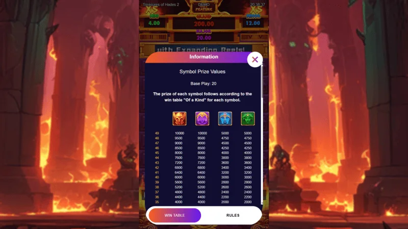 Treasures of Hades 2 — Senarai pembayaran dan simbol-simbol slot Rectangle Games dengan RTP 96.95%