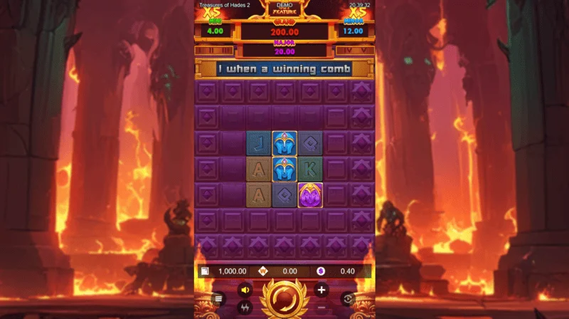 Treasures of Hades 2 — Skrin permainan utama slot dengan gelendong 3x3 dan 20 betways dari Rectangle Games